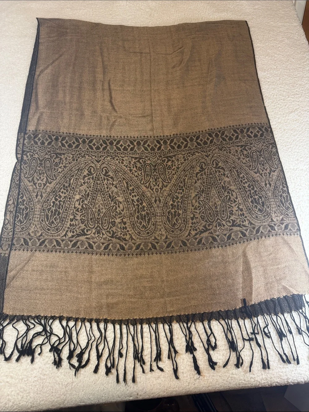 pashmina Tan and Black Paisley Fringe Wrap 228